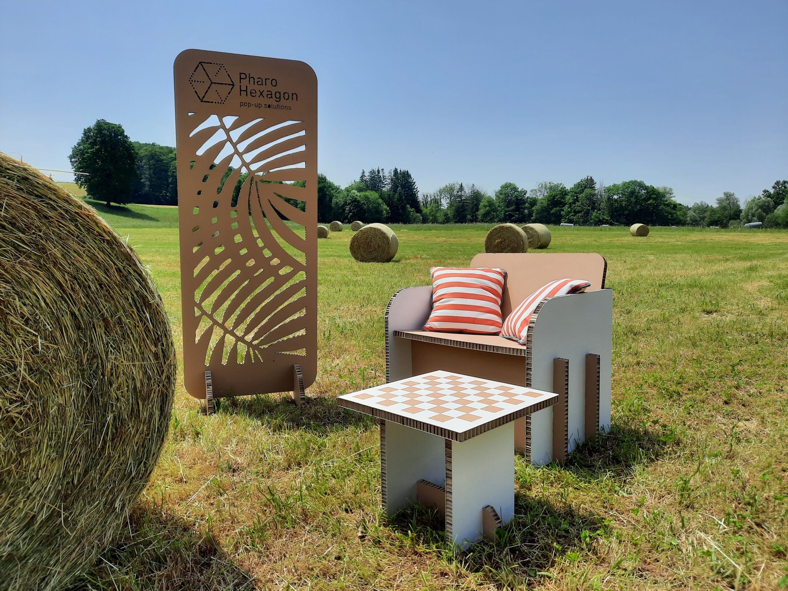 Cloison ECOPANEL, PLV, mobilier et stand d’exposition en carton recyclé et recyclable, naturel, biodégradable, durable, écologique, construction respectueuse de l'environnement avec une réduction d’émission de CO2 considérable, avantageux en termes d'empreinte écologique, solution légère, facile à monter et à transporter, un geste pour la planète, une image éco-responsable, innovante et moderne, en accord avec les valeurs écologiques, non à la pollution en plastique, Pharo Hexagon