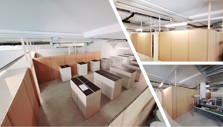 Cloison ECOPANEL en carton recyclé et recyclable, naturel, biodégradable, durable, écologique, construction respectueuse de l'environnement avec une réduction d’émission de CO2 considérable, avantageux en termes d'empreinte écologique, solution légère, facile à monter et à transporter, un geste pour la planète, une image éco-responsable, innovante et moderne, en accord avec les valeurs écologiques, non à la pollution en plastique